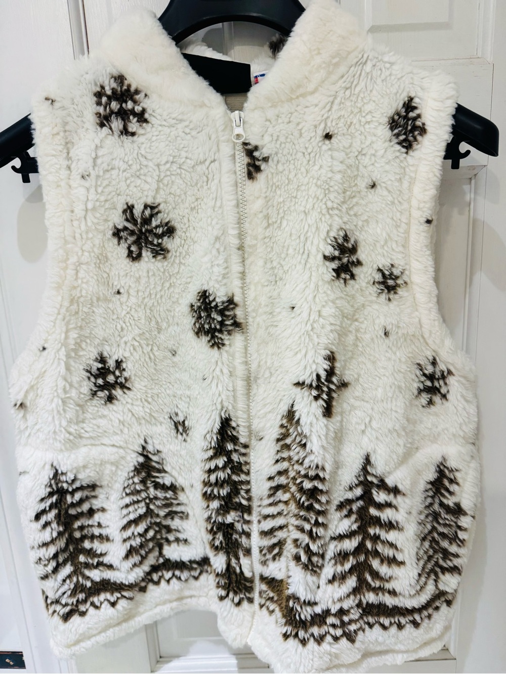 Vintage Cobblestone Canyon Sherpa Fleece Vest L Pine Trees Snowflakes Made USA
